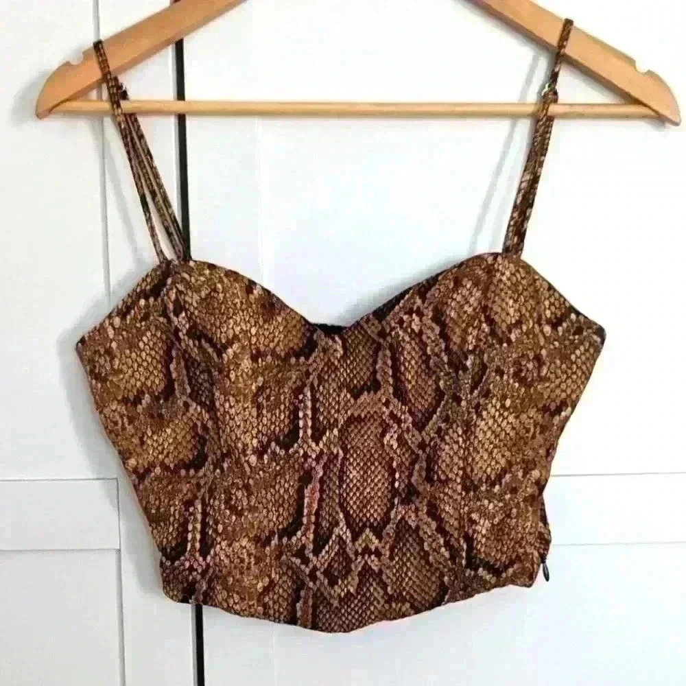 ZARA  | Snake Print Brown/Black Adjustable Pullover Crop Top Size Small